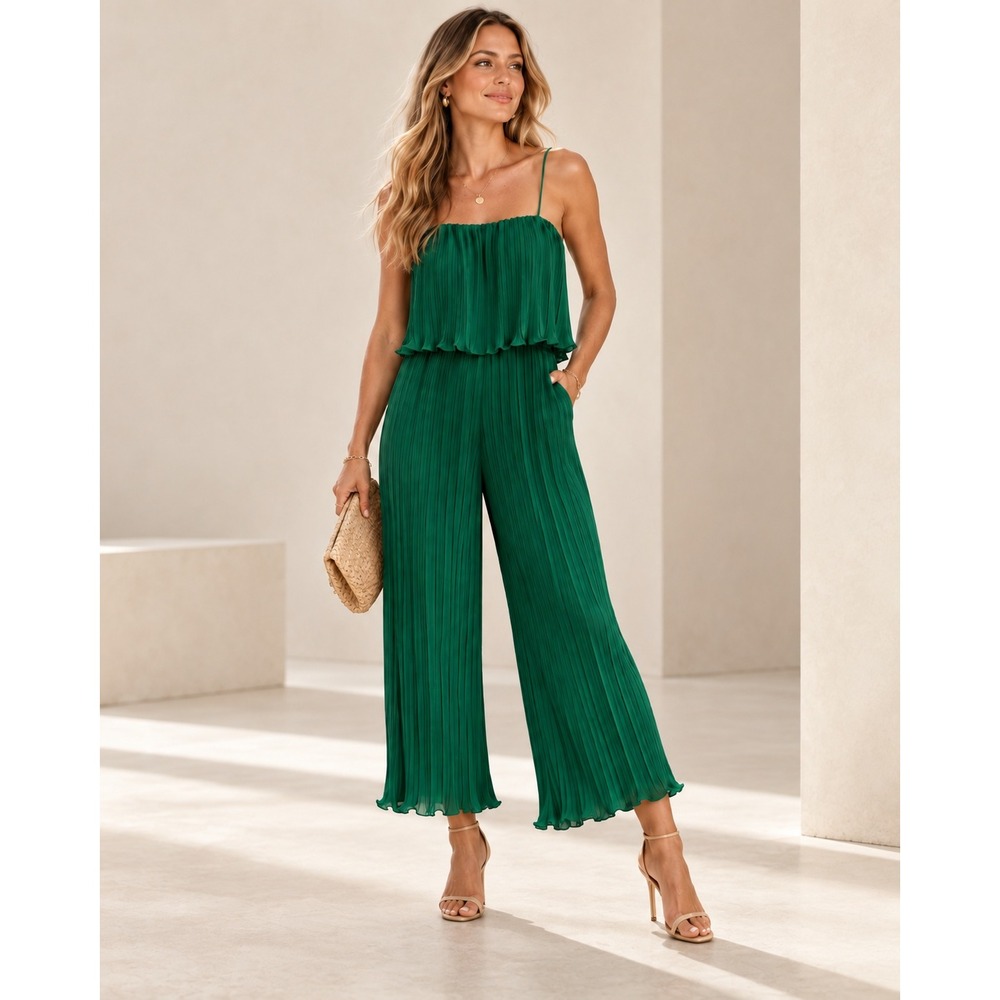 ZARA Emerald Green Pleated Wide Leg Jumpsuit Wedding Guest Cocktail Party